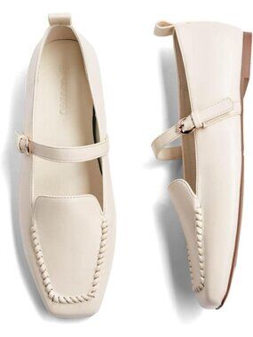 Women's Cream White Mary Jane Ballet Flats Loafers Square Toe Comfortable Shoes